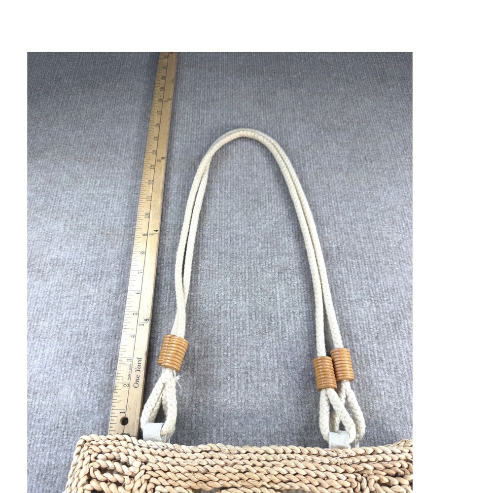 Vintage Woven Straw Shoulder Bag Tan Floral Needlepoint Boho Rope Handle Zip Top - Picture 4 of 8